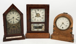 Three antique timber cased mantle clocks, German and American, 19th century, the largest 31cm high