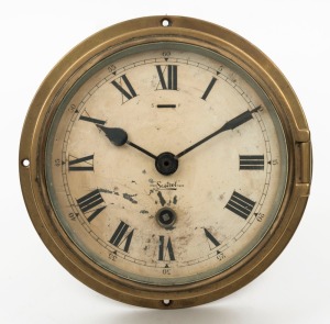 SESTREL antique bulkhead clock in brass case, single train movement with Roman numerals, 19th/20th century, 76cm diameter