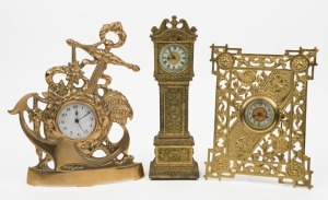 ANSONIA miniature Grand Father clock in pressed metal case, pierced gilt metal antique table clock and an antique brass cased nautical themed table clock with later movement, (3 items), the largest 30cm high