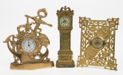 ANSONIA miniature Grand Father clock in pressed metal case, pierced gilt metal antique table clock and an antique brass cased nautical themed table clock with later movement, (3 items), the largest 30cm high