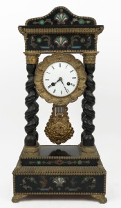 An antique French portico clock in ebonised case with gilt metal mounts and colour enamel inlay (damaged), 19th century, 52cm high