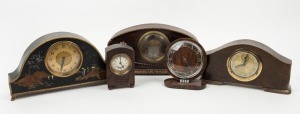 Five assorted vintage clocks including timber cased and chinoiserie case, mixed condition, 20th century, the largest 16cm high