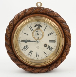ANSONIA antique lever escapement movement circular wall clock with rope twist carved decoration, 19th century, 23cm diameter.