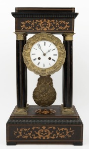 An antique French portico clock in ebonised marquetry case, with eight day time and bell striking movement and Roman numerals, 19th century, 49cm high