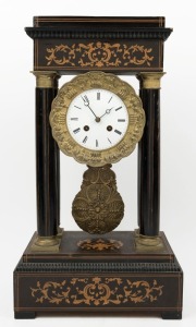 An antique French portico clock in ebonised marquetry case, with eight day time and bell striking movement and Roman numerals, 19th century, ​​​​​​​49cm high