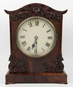 An antique English spring table clock in mahogany case with single train fusee movement, and Roman numerals, mid 19th century, 43cm high