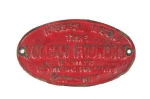 Queensland Railways: plate from BB18&frac14; 4-6-2 loco No.1037 (builder&rsquo;s No.5963) built at Vulcan Foundry, Newton-le-Willows, Lancashire, 1950. Plate is worn and repainted all over in red. Oval, 13 x 22.5cm. Loco 1037 spent many years on a plinth in a Mackay p