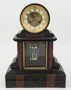 An antique French drumhead mantle clock, black Belgian slate and rogue marble case, eight day time and strike movement with open escapement, mercury compensated pendulum and Arabic numerals, 19th century, 39cm high