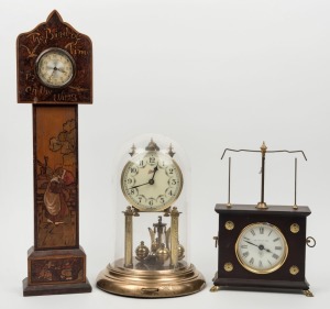 SCHATZ anniversary clock, "Flying Pendulum" clock, and a pokerwork cased timepiece, (3 items), the largest 47cm high