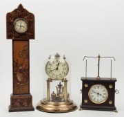 SCHATZ anniversary clock,&nbsp;"Flying Pendulum" clock, and a pokerwork cased timepiece, (3 items), the largest 47cm high