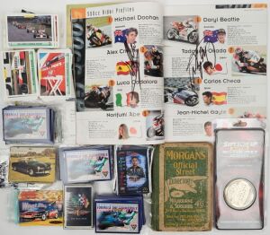 A mostly 1990s-2000s accumulation of collector cards, mainly Formula One and V8 Supercars; also a 1997 Motorcycle Grand Prix programme with several original signatures, a partly complete 1962 Sanitariam Book of Cars and a 1951 Morgan's Street Directory.