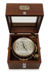 THOMAS MERCER 56 hour MARINE CHRONOMETER in original timber case, from the A.D. GEOPOTES 1, (a dredger from Newcastle Australia). Bearing service plaque and timing rate certificate by R.F. WHITTEN, 403 Hunter Street, Newcastle, N.S.W, Serial Number 27550.