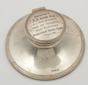 An antique sterling silver inkwell with inscription "Presented To J.F. CROW Esq. As Token Of Esteem From The Teachers. WEST HAWTHORN Presbyterian Sunday School, 5th April, 1909", 15cm diameter