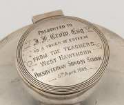 An antique sterling silver inkwell with inscription "Presented To J.F. CROW Esq. As Token Of Esteem From The Teachers. WEST HAWTHORN Presbyterian Sunday School, 5th April, 1909", ​​​​​​​15cm diameter - 2