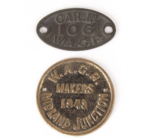 Western Australia: 1) &ldquo;Car No.106 W.A.G.R.&rdquo;; oval, 6 x 10 cm.&nbsp; 2) &ldquo;W.A.G.R. Makers 1943 Midland Junction&rdquo;; circular, 10 cm diameter.&nbsp; (2 plates) &nbsp;