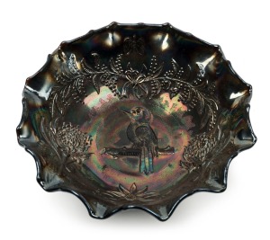 "Kookaburra" amethyst carnival glass master bowl, 8cm high, 24cm wide
