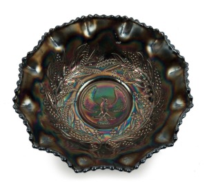 "Shrike" amethyst carnival glass master bowl, ​​​​​​​8cm high, 24cm wide