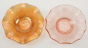 "Emu" marigold carnival glass bowl, together with a "Kookaburra" pink depression glass bowl, (2 items), 14.5cm and 14cm wide