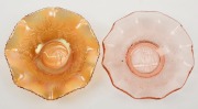 "Emu" marigold carnival glass bowl, together with a "Kookaburra" pink depression glass bowl, (2 items), 14.5cm and 14cm wide