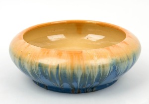 REMUED blue and cream glazed pottery bowl with orange highlights,  incised "Remued, 3-10", ​​​​​​​8cm high x 23cm diameter