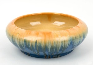 REMUED blue and cream glazed pottery bowl with orange highlights, incised "Remued, 3-10", 8cm high x 23cm diameter