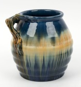 REMUED blue and cream glazed pottery vase with branch handle,&nbsp; incised "Remued 142S",&nbsp; 15.5cm high&nbsp;