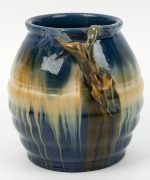 REMUED blue and cream glazed pottery vase with branch handle,&nbsp; incised "Remued 142S",&nbsp; 15.5cm high&nbsp; - 2