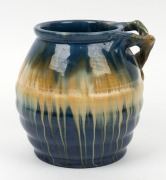 REMUED blue and cream glazed pottery vase with branch handle,&nbsp; incised "Remued 142S",&nbsp; 15.5cm high&nbsp; - 3