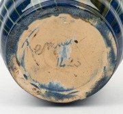 REMUED blue and cream glazed pottery vase with branch handle,&nbsp; incised "Remued 142S",&nbsp; 15.5cm high&nbsp; - 4