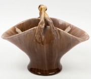 REMUED&nbsp;green and brown glazed basket vase with applied gumnuts and leaf with branch handle,&nbsp; incised "Remued 194/10M", 20cm high x 26cm wide - 2