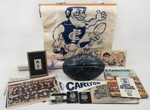 CARLTON MEMORABILIA including a full size "BLUES - MATCH II" signed ball (noted Peter Jones, Trevor Keogh, Wayne Harmes, Alex Marcou, Greg Sharp, Phil Maylin and others), a Carlton Football Club ceramic football-shaped port bottle on a ceramic stand, a 19