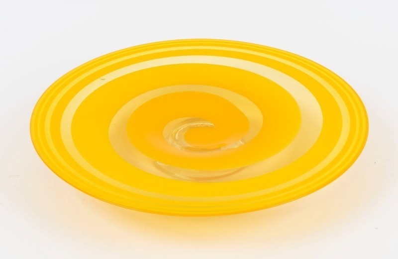 PATRICIA ALLEN Australian art glass platter with orange swirling design, signed "Tricia Allen", ​​​​​​​6cm high, 39.5cm diameter