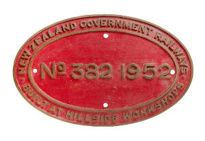 New Zealand: plate from JA.1259 (builder&rsquo;s No.382): &ldquo;New Zealand Government Railways. Built at the Hillside Workshops (Dunedin).&nbsp; No.382, 1952&rdquo;.&nbsp; JA.1259 was written-off in 1969.