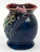 REMUED pottery vase with applied branch handle, gumnuts and gum leaf, glazed in early pink, green and blue colourway,  incised "Remued 166", 13.5 cm high,14cm wide - 2