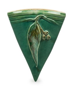 REMUED green glazed pottery wall vase with applied gumnuts and leaf, incised "Remued 15/10M", 25cm high