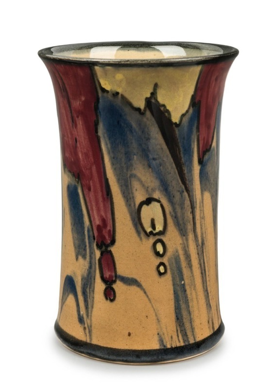 P.P.P (PREMIER POTTERY PRESTON) drip glaze pottery vase, ​​​​​​​circular black factory mark to base,  16cm high 