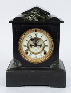 ANSONIA antique American mantle clock in black slate case with green marble decoration, eight day time and strike movement with open escapement and Roman numerals, 19th century, 29.5cm high