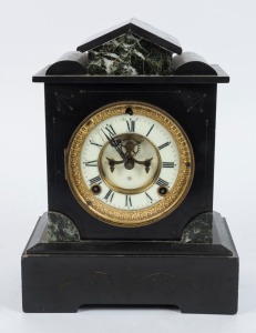 ANSONIA antique American mantle clock in black slate case with green marble decoration, eight day time and strike movement with open escapement and Roman numerals, 19th century, 29.5cm high