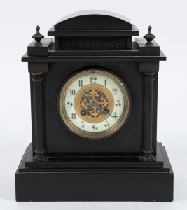 An antique French mantle clock in black slate case with cast metal fittings, eight day time and gong strike movement with Brocot time adjustment and Arabic numerals, 19th century, 29cm high