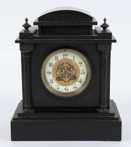 An antique French mantle clock in black slate case with cast metal fittings, eight day time and gong strike movement with Brocot time adjustment and Arabic numerals, 19th century, ​​​​​​​29cm high