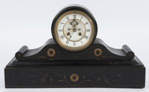 An antique French mantle clock in Belgium black slate case with carved and gilt decoration, eight day time and strike movement with open escapement and Roman numerals, 19th century, 29.5cm high, 50cm wide