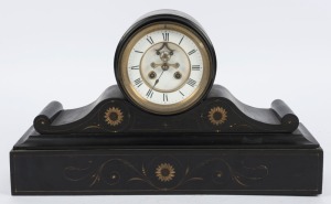 An antique French mantle clock in Belgium black slate case with carved and gilt decoration, eight day time and strike movement with open escapement and Roman numerals, 19th century, ​​​​​​​29.5cm high, 50cm wide