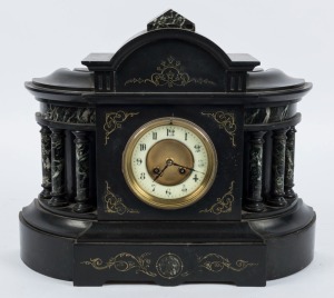 An antique French mantle clock in Belgium black slate and variegated green marble architectural case, eight day time and strike movement with Arabic numerals, 19th century, 38cm high