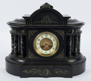 An antique French mantle clock in Belgium black slate and variegated green marble architectural case, eight day time and strike movement with Arabic numerals, 19th century, ​​​​​​​38cm high 