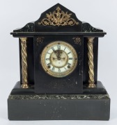 ANSONIA antique American mantle clock in black slate and marble case, eight day time and gong striking movement with open escapement and Roman numerals, 19th century, 40cm high