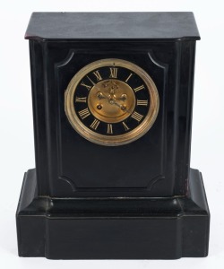 An antique French mantle clock in black slate case with eight day time and strike movement, open escapement, black dial and Roman numerals, 19th century, Note: missing gong and gong stand, pendulum replaced. 38cm high