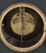 An antique French mantle clock in black slate case with eight day time and strike movement, open escapement, black dial and Roman numerals, 19th century, Note: missing gong and gong stand, pendulum replaced. 38cm high - 2