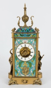 A mantle clock in brass and cloisonne figural case with French movement, 47cm high