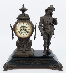 ANSONIA "DON JUAN" antique American figural mantle clock, cast metal and spelter, with eight day time and strike movement, open escapement and Roman numerals, 19th century, 55cm high, 50cm wide