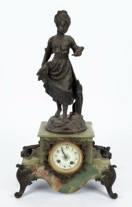 An antique American figural mantle clock in green onyx and cast spelter case, eight day time and strike movement with Arabic numerals, 19th century, ​​​​​​​54cm high